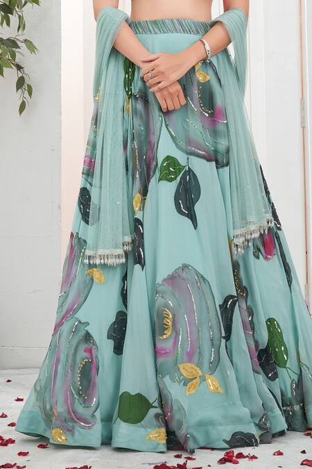 Priti Sahni_Aqua Georgette, Silk, Net Sequins, Stones, Beads, Bloom Hand Painted Lehenga Set _Online_at_Aza_Fashions