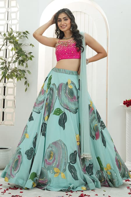 Buy_Priti Sahni_Aqua Georgette, Silk, Net Sequins, Stones, Beads, Bloom Hand Painted Lehenga Set _Online_at_Aza_Fashions