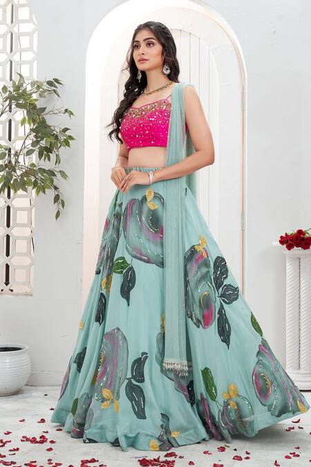 Shop_Priti Sahni_Aqua Georgette, Silk, Net Sequins, Stones, Beads, Bloom Hand Painted Lehenga Set _Online_at_Aza_Fashions