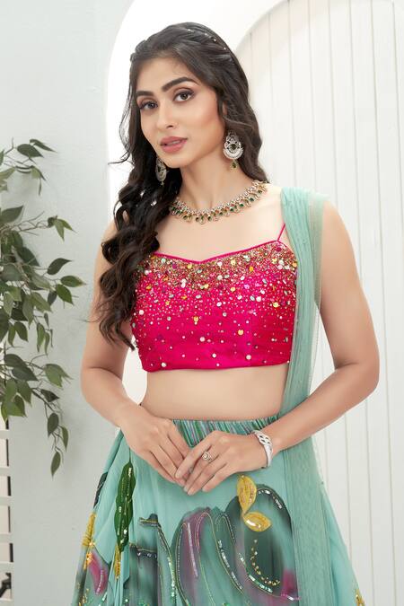 Priti Sahni_Aqua Georgette, Silk, Net Sequins, Stones, Beads, Bloom Hand Painted Lehenga Set _at_Aza_Fashions