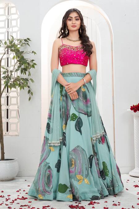 Buy_Priti Sahni_Aqua Georgette, Silk, Net Sequins, Stones, Beads, Bloom Hand Painted Lehenga Set 