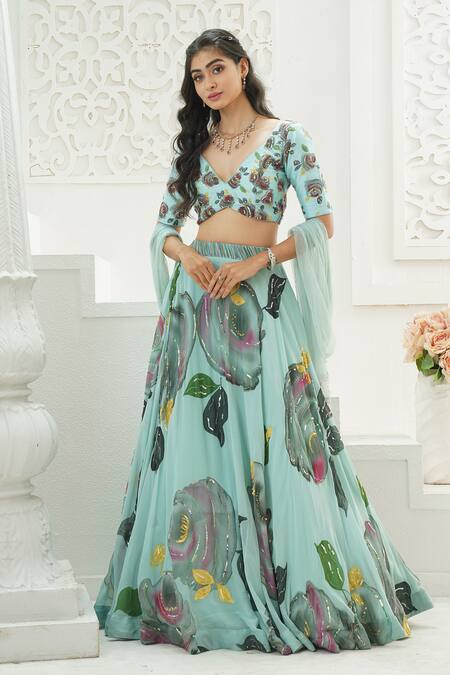 Priti Sahni_Aqua Georgette, Silk, Tulle Embroidery, Sequins, Garden Hand Painted Lehenga Set _Online_at_Aza_Fashions
