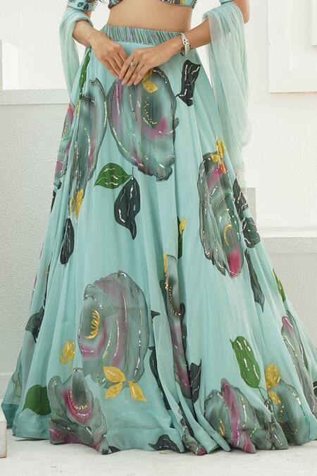Buy_Priti Sahni_Aqua Georgette, Silk, Tulle Embroidery, Sequins, Garden Hand Painted Lehenga Set _Online_at_Aza_Fashions
