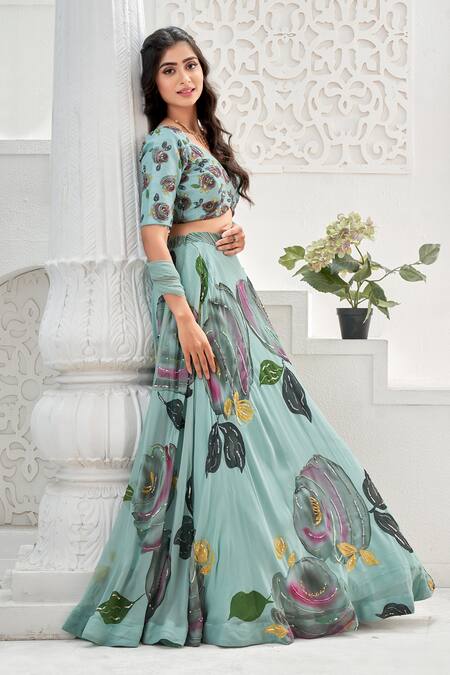 Priti Sahni_Aqua Georgette, Silk, Tulle Embroidery, Sequins, Garden Hand Painted Lehenga Set _at_Aza_Fashions