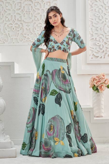 Buy_Priti Sahni_Aqua Georgette, Silk, Tulle Embroidery, Sequins, Garden Hand Painted Lehenga Set 