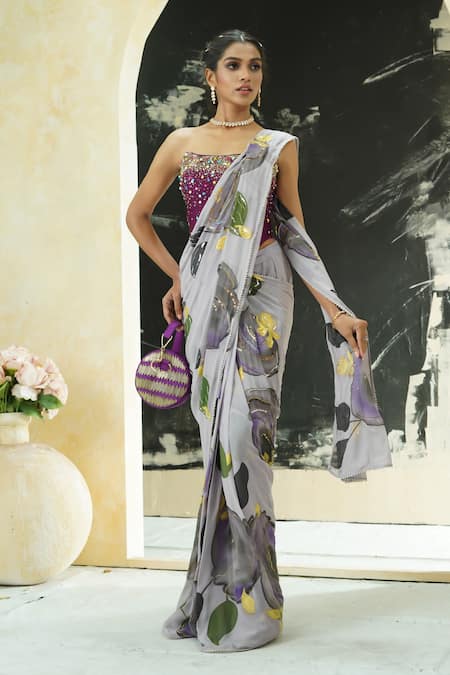 Shop_Priti Sahni_Lavender Georgette, Silk Sequins, Stones, Garden Hand Painted Saree With Corset _Online_at_Aza_Fashions