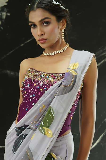 Priti Sahni_Lavender Georgette, Silk Sequins, Stones, Garden Hand Painted Saree With Corset _at_Aza_Fashions