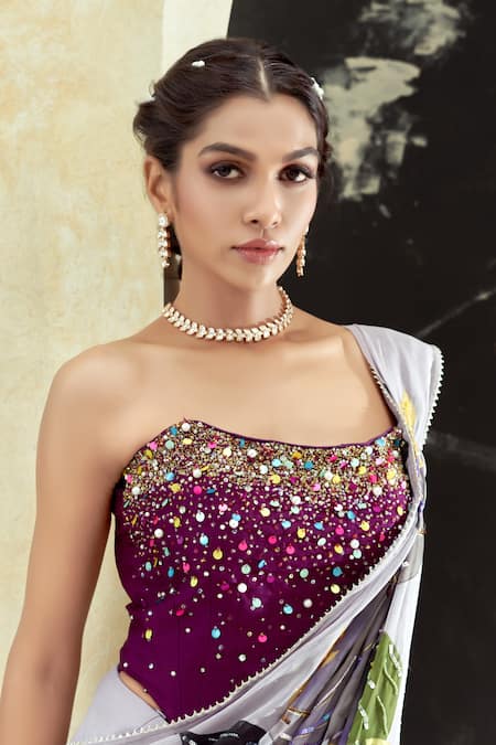 Shop_Priti Sahni_Lavender Georgette, Silk Sequins, Stones, Garden Hand Painted Saree With Corset 