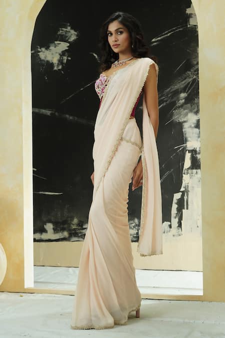 Buy_Priti Sahni_Pink Georgette, Net Embroidery, Sequins, Pre-stitched Saree With Burgundy Corset _Online_at_Aza_Fashions