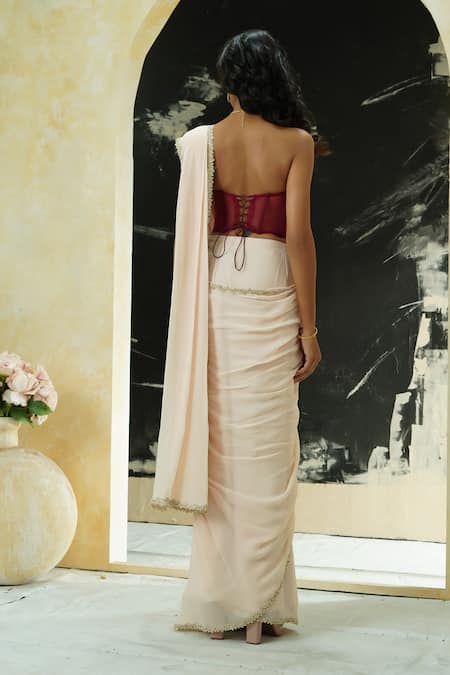 Priti Sahni Pre-Stitched Saree With Burgundy Corset 