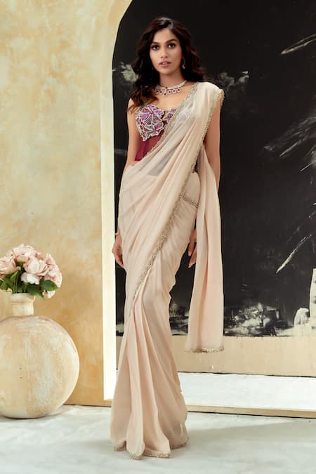 Priti Sahni_Pink Georgette, Net Embroidery, Sequins, Pre-stitched Saree With Burgundy Corset _at_Aza_Fashions