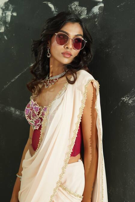 Buy_Priti Sahni_Pink Georgette, Net Embroidery, Sequins, Pre-stitched Saree With Burgundy Corset 