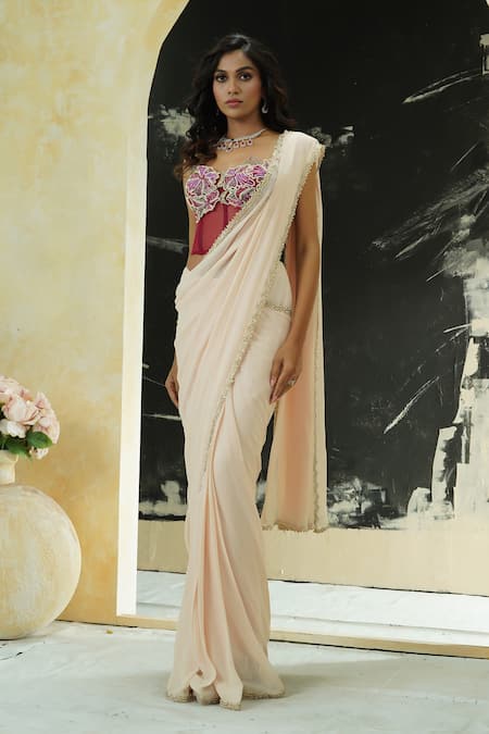 Priti Sahni Pink Georgette, Net Embroidery, Sequins, Pre-stitched Saree With Burgundy Corset 