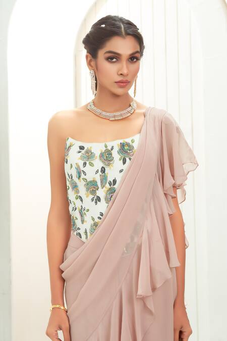 Buy_Priti Sahni_Mauve Georgette Ruffles, Embroidery, Sequins, Beads, Pearls Saree With Corset _Online_at_Aza_Fashions