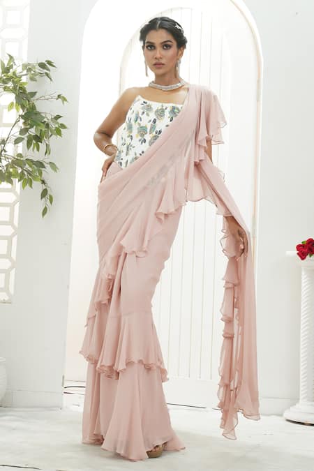 Buy_Priti Sahni_Mauve Georgette Ruffles, Embroidery, Sequins, Beads, Pearls Saree With Corset 