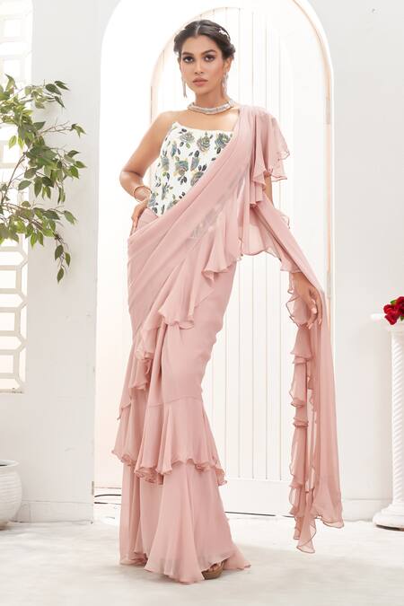 Shop_Priti Sahni_Mauve Georgette Ruffles, Embroidery, Sequins, Beads, Pearls Saree With Corset 