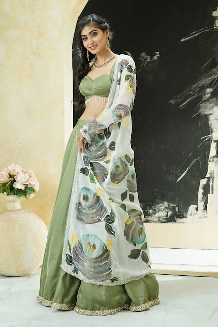 Buy_Priti Sahni_Green Silk, Organza Embroidery, Sequins, Garden Hand Painted Jacket Lehenga Set _Online_at_Aza_Fashions