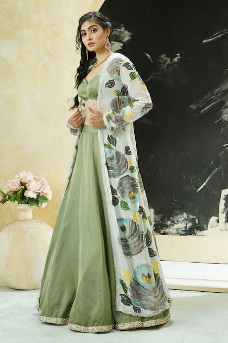 Shop_Priti Sahni_Green Silk, Organza Embroidery, Sequins, Garden Hand Painted Jacket Lehenga Set _Online_at_Aza_Fashions