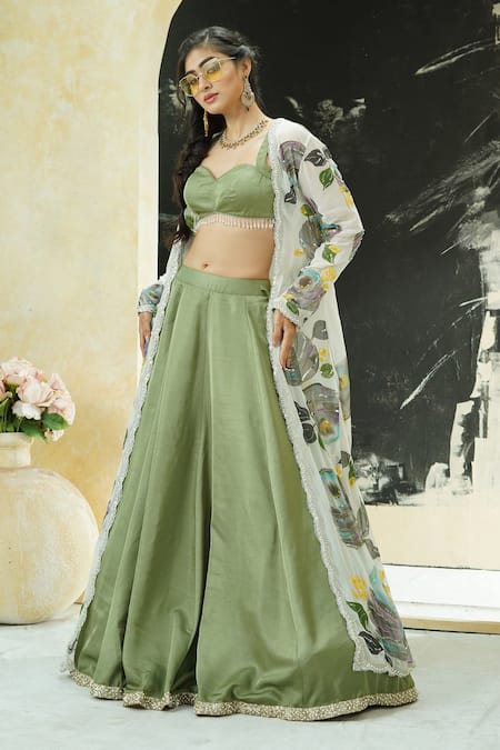 Priti Sahni_Green Silk, Organza Embroidery, Sequins, Garden Hand Painted Jacket Lehenga Set _at_Aza_Fashions