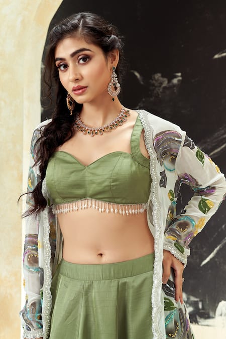 Shop_Priti Sahni_Green Silk, Organza Embroidery, Sequins, Garden Hand Painted Jacket Lehenga Set 