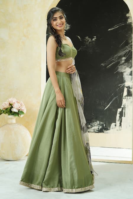 Priti Sahni_Green Silk, Organza Gota Patti, Solid Lehenga Set With Hand Painted Dupatta _Online_at_Aza_Fashions