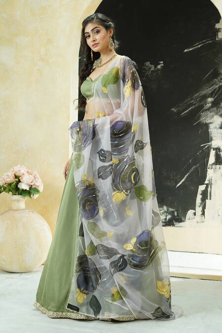 Buy_Priti Sahni_Green Silk, Organza Gota Patti, Solid Lehenga Set With Hand Painted Dupatta _Online_at_Aza_Fashions
