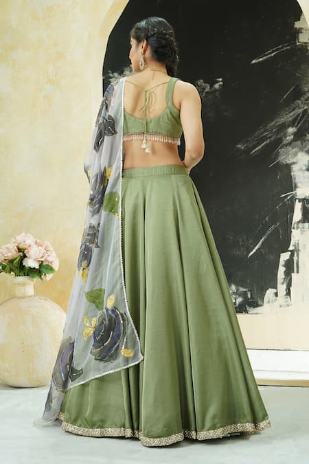 Priti Sahni Solid Lehenga Set With Hand Painted Dupatta 