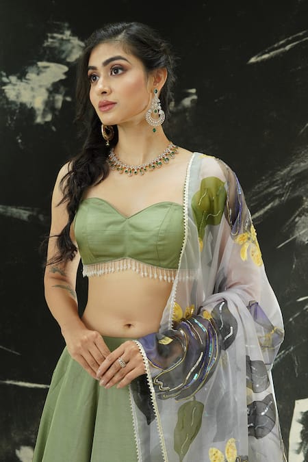 Priti Sahni_Green Silk, Organza Gota Patti, Solid Lehenga Set With Hand Painted Dupatta _at_Aza_Fashions