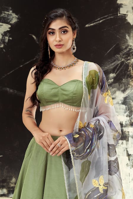 Buy_Priti Sahni_Green Silk, Organza Gota Patti, Solid Lehenga Set With Hand Painted Dupatta 