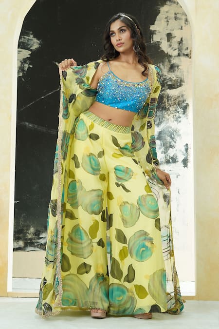 Shop_Priti Sahni_Yellow Georgette, Silk Sequins, Stones, Beads, Hand Painted Jacket And Palazzo Set _Online_at_Aza_Fashions