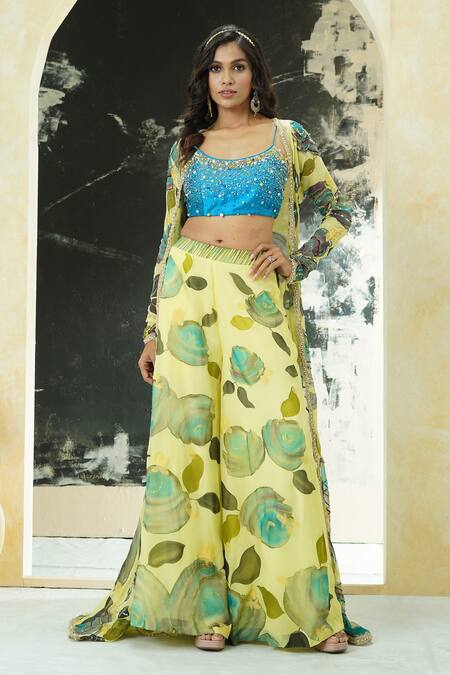 Priti Sahni_Yellow Georgette, Silk Sequins, Stones, Beads, Hand Painted Jacket And Palazzo Set _at_Aza_Fashions