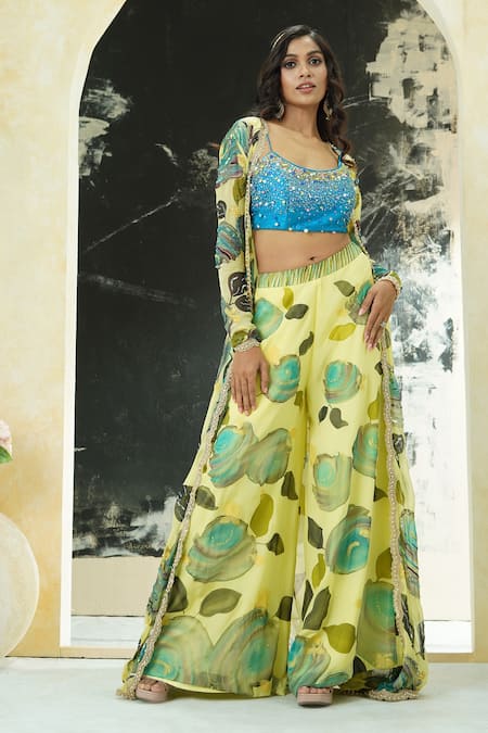 Buy_Priti Sahni_Yellow Georgette, Silk Sequins, Stones, Beads, Hand Painted Jacket And Palazzo Set 