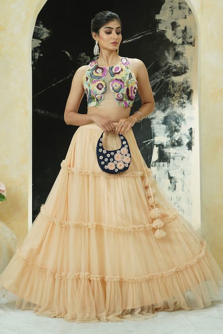 Buy_Priti Sahni_Beige Net Tassels, Embroidery, Sequins, Beads, Pearls Round Ruffle Skirt Set _Online_at_Aza_Fashions