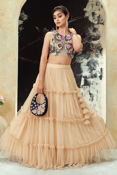 Shop_Priti Sahni_Beige Net Tassels, Embroidery, Sequins, Beads, Pearls Round Ruffle Skirt Set _Online_at_Aza_Fashions