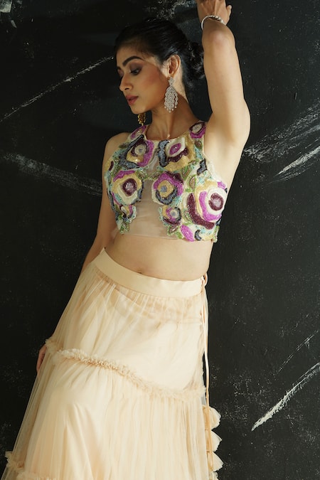 Buy_Priti Sahni_Beige Net Tassels, Embroidery, Sequins, Beads, Pearls Round Ruffle Skirt Set 