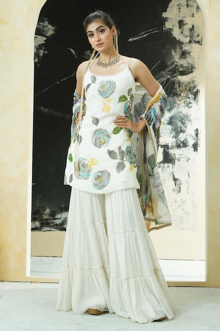 Priti Sahni Ivory Georgette Sequins, Beads, Pearls, Embroidery Garden Hand Painted Kurta Set 