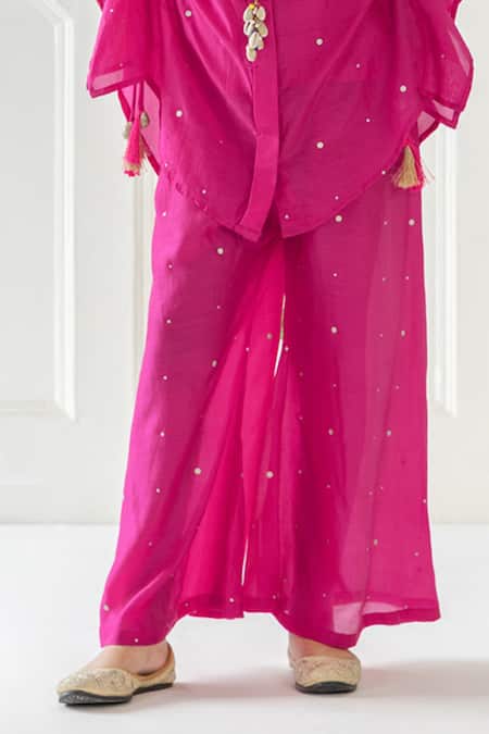 Risa Dreamworld_Fuchsia Muslin Foil Printing Gulabo Twirl Set _Online_at_Aza_Fashions