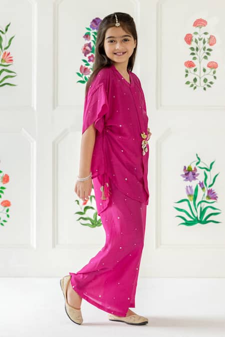 Buy_Risa Dreamworld_Fuchsia Muslin Foil Printing Gulabo Twirl Set _Online_at_Aza_Fashions