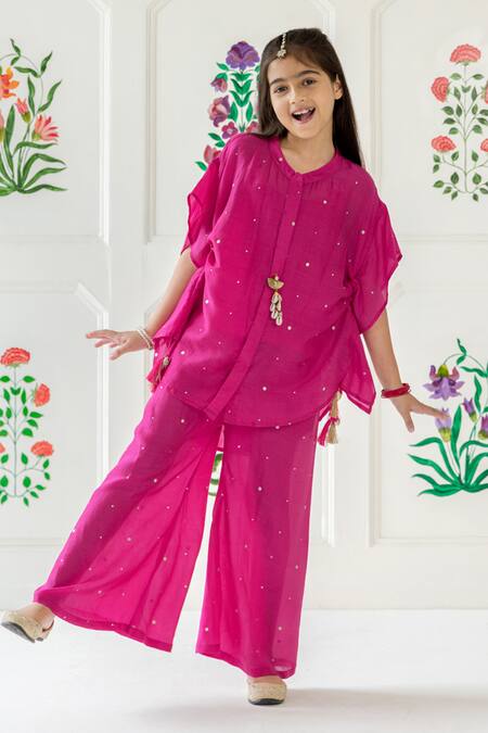 Shop_Risa Dreamworld_Fuchsia Muslin Foil Printing Gulabo Twirl Set _Online_at_Aza_Fashions