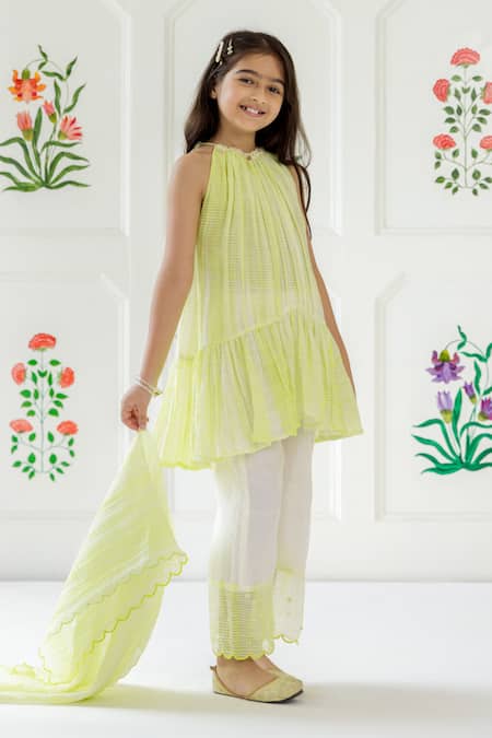Buy_Risa Dreamworld_Lime Chanderi Tassels Gathered Kurta Set _Online_at_Aza_Fashions
