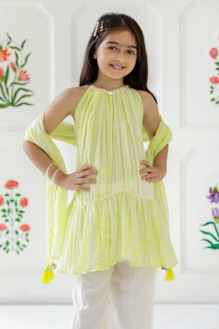 Shop_Risa Dreamworld_Lime Chanderi Tassels Gathered Kurta Set _Online_at_Aza_Fashions