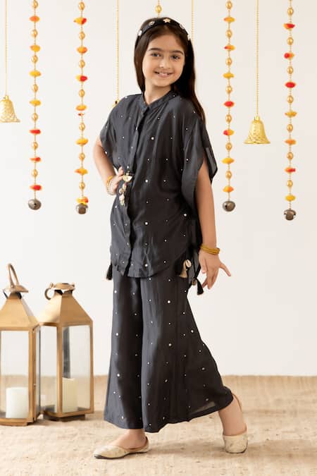 Shop_Risa Dreamworld_Black Muslin Embroidery Twirl Top And Trouser Set _Online_at_Aza_Fashions