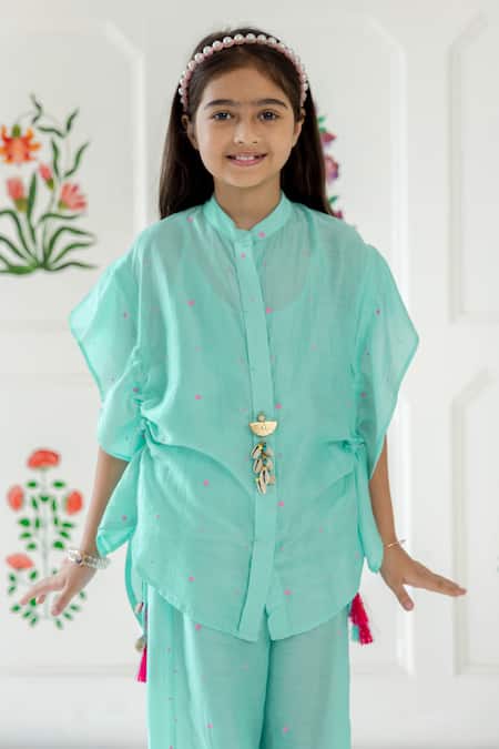 Buy_Risa Dreamworld_Aqua Muslin Tassels Twirl Top And Trouser Set _Online_at_Aza_Fashions