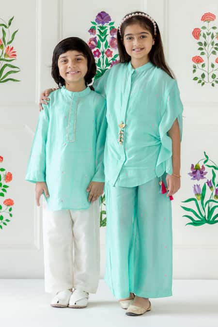 Risa Dreamworld_Aqua Muslin Tassels Twirl Top And Trouser Set _at_Aza_Fashions
