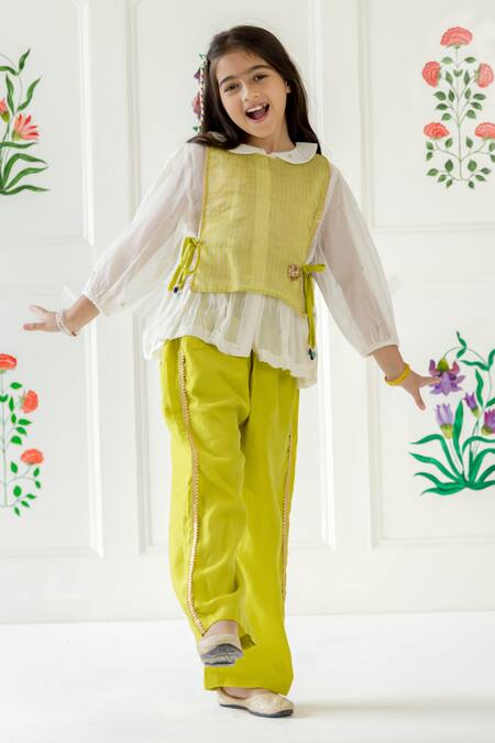 Buy_Risa Dreamworld_Off White Chanderi Embroidery, Zari, Piping Gathered Top And Trouser Set _Online_at_Aza_Fashions
