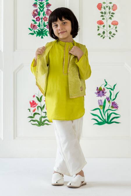 Shop_Risa Dreamworld_Lime Chanderi Piping Stripe Pattern Jacket And Pant Set _Online_at_Aza_Fashions