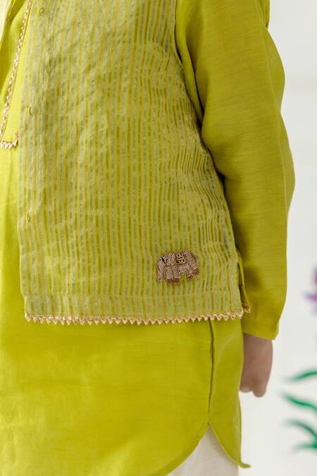 Risa Dreamworld_Lime Chanderi Piping Stripe Pattern Jacket And Pant Set _at_Aza_Fashions