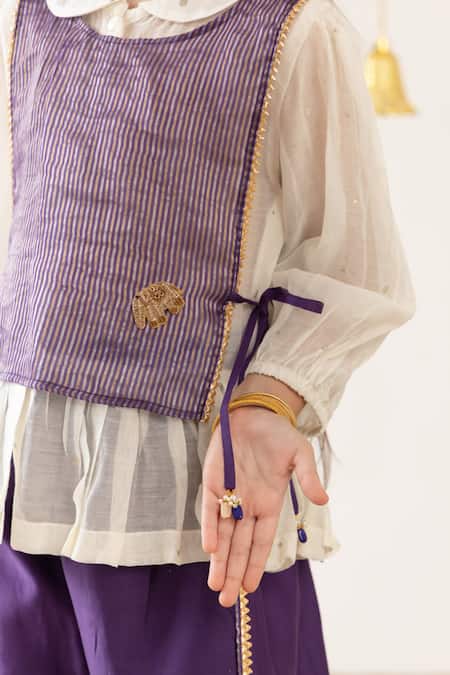 Shop_Risa Dreamworld_Off White Chanderi Gota Patti Gathered Top And Trouser Set _Online_at_Aza_Fashions