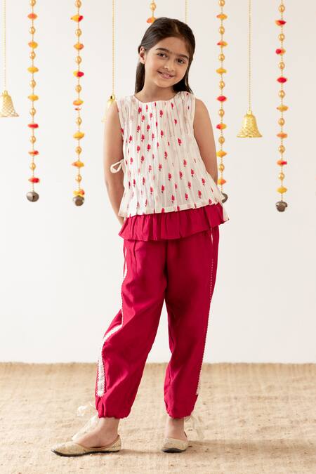 Risa Dreamworld_Off White Chanderi Embroidery, Lace, Tassels Rasbhari Top And Trouser Set _Online_at_Aza_Fashions