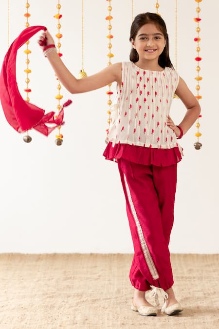 Buy_Risa Dreamworld_Off White Chanderi Embroidery, Lace, Tassels Rasbhari Top And Trouser Set _Online_at_Aza_Fashions